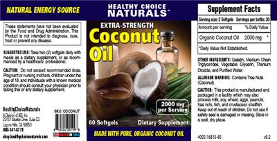 Photo of the Healthy Choice Naturals Extra-Strength Coconut Oil 2000 mg label