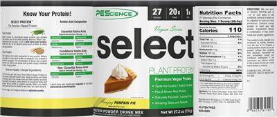 Product label for Select Plant Protein Vegan Series Amazing Pumpkin Pie