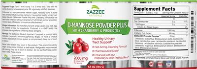 Label of D-Mannose Powder Plus 2000 mg with Cranberry & Probiotics