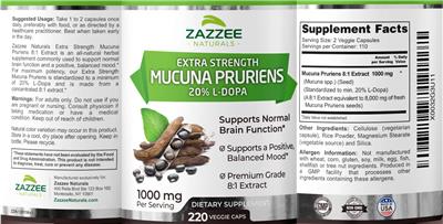 Photo of the Zazzee Naturals Extra Strength Mucuna Pruriens 20% L-Dopa 1000 mg label