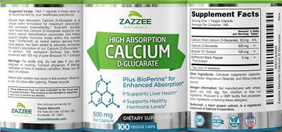 Photo of the Zazzee Naturals High Absorption Calcium D-Glucarate 500 mg label