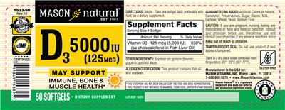 Photo of the Mason Natural D3 5000 IU (125 mcg) label