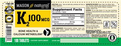 Photo of the Mason Natural K2 100 mcg label