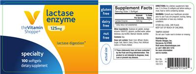 Photo of the The Vitamin Shoppe Lactase Enzyme 125 mg label