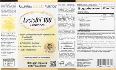Label of LactoBif 100 Probiotics 100 Billion CFU