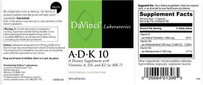 Photo of the DaVinci Laboratories A-D-K 10 label
