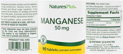 Photo of the NaturesPlus Manganese 50 mg label