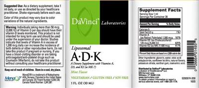 Photo of the DaVinci Laboratories Liposomal A-D-K Mint Flavor label