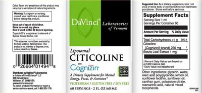 Photo of the DaVinci Laboratories Liposomal Citicoline with Cognizin label