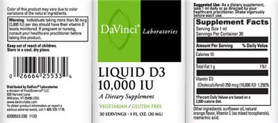 Photo of the DaVinci Laboratories Liquid D3 10,000 IU label