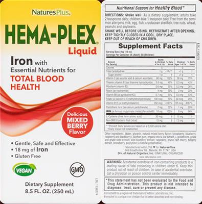 Photo of the NaturesPlus Hema-Plex Liquid Delicious Mixed Berry Flavor label