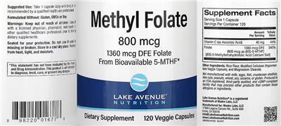 Photo of the Lake Avenue Nutrition Methyl Folate 800 mcg label