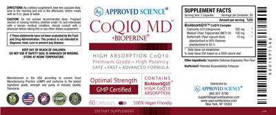 Photo of the Approved Science CoQ10 MD +BioPerine label