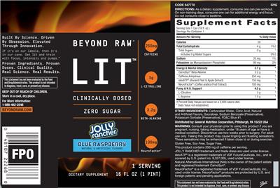 Photo of the GNC Beyond Raw LIT Jolly Rancher Blue Raspberry Zero Sugar label