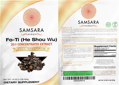 Photo of the Samsara Herbs Fo-Ti (He Shou Wu) 20:1 Concentrated Extract label
