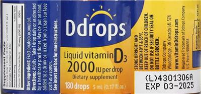 Photo of the Ddrops Liquid Vitamin D3 2000 IU label