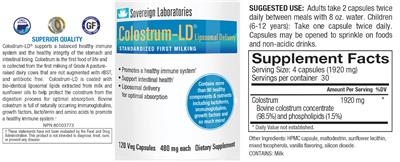Photo of the Sovereign Laboratories Colostrum-LD 480 mg label