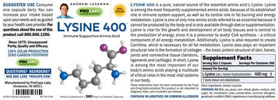 Photo of the ProCaps Laboratories Lysine 400 label