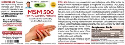 Photo of the ProCaps Laboratories MSM 500 mg label