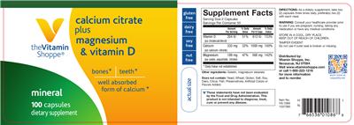 Photo of the The Vitamin Shoppe Calcium Citrate Plus Magnesium & Vitamin D label