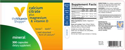 Photo of the The Vitamin Shoppe Calcium Citrate Plus Magnesium & Vitamin D label