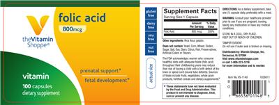 Photo of the The Vitamin Shoppe Folic Acid 800 mcg label