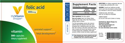 Photo of the The Vitamin Shoppe Folic Acid 800 mcg label