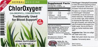 Photo of the Herbs Etc. ChlorOxygen Chlorophyll Concentrate Softgels label