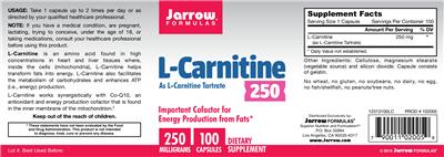 Photo of the Jarrow Formulas L-Carnitine 250 mg label