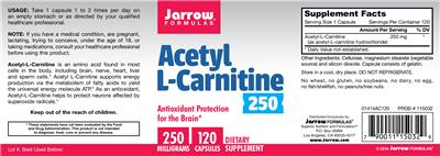 Photo of the Jarrow Formulas Acetyl L-Carnitine 250 mg label