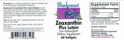 Photo of the Bluebonnet Zeaxanthin Plus Lutein label