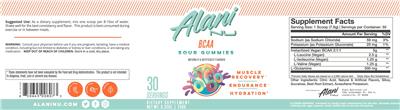 Photo of the Alani Nu BCAA Sour Gummies label