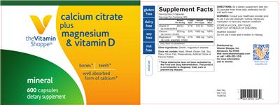 Photo of the The Vitamin Shoppe Calcium Citrate Plus Magnesium & Vitamin D label