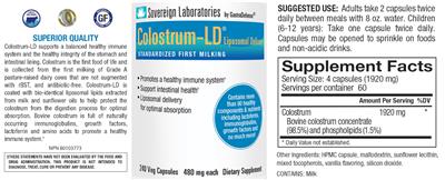 Photo of the Sovereign Laboratories by GastroDefense Colostrum-LD 480 mg label