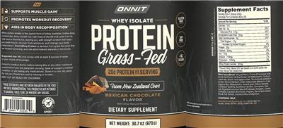 Photo of the Onnit Grass-Fed Whey Isolate Protein Mexican Chocolate Flavor label