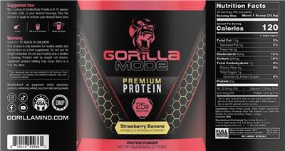 Photo of the Gorilla Mind Gorilla Mode Premium Protein Strawberry Banana label