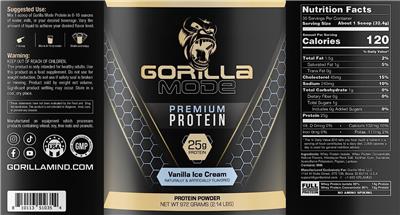 Photo of the Gorilla Mind Gorilla Mode Premium Protein Vanilla Ice Cream label