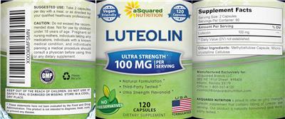 Photo of the aSquared Nutrition Luteolin 100 mg label