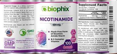 Photo of the Biophix Nicotinamide 500 mg label