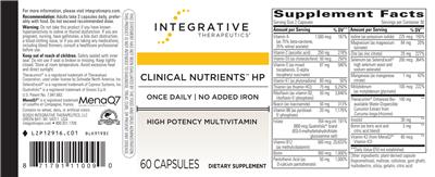 Photo of the Integrative Therapeutics Clinical Nutrients HP Iron-Free label