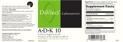 Photo of the DaVinci Laboratories A-D-K 10 label