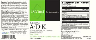 Photo of the DaVinci Laboratories Liposomal A-D-K Mint Flavor label
