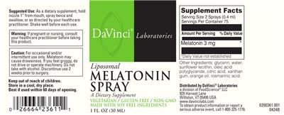 Product label for Liposomal Melatonin Spray