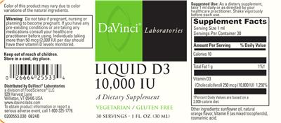 Photo of the DaVinci Laboratories Liquid D3 10,000 IU label