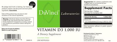 Photo of the DaVinci Laboratories Vitamin D3 1,000 IU label