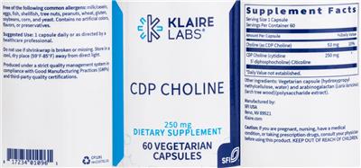 Photo of the Klaire Labs CDP Choline 250 mg label