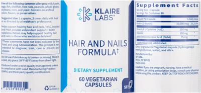 Photo of the Klaire Labs Hair and Nails Formula label