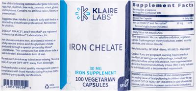 Photo of the Klaire Labs Iron Chelate 30 mg label