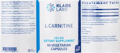 Photo of the Klaire Labs L-Carnitine 250 mg label