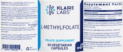 Photo of the Klaire Labs L-MethylFolate label